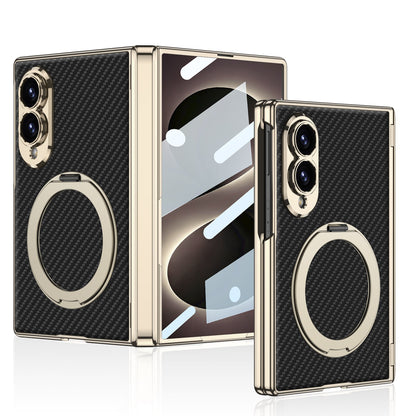 Luxurious Leather Golden Plating Phone Case with Built-In Tempered Glass & Magnetic Bracket For  Galaxy Z Fold 8/7 Wide Ultra