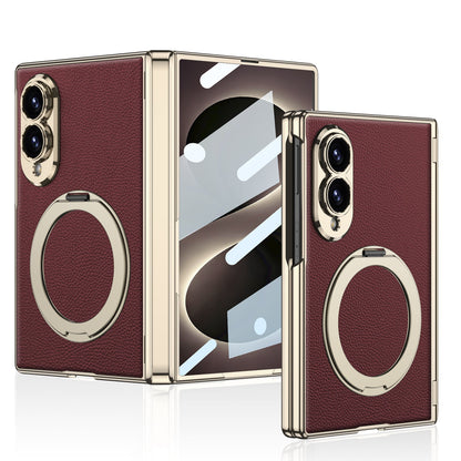 Luxurious Leather Golden Plating Phone Case with Built-In Tempered Glass & Magnetic Bracket For  Galaxy Z Fold 8/7 Wide Ultra
