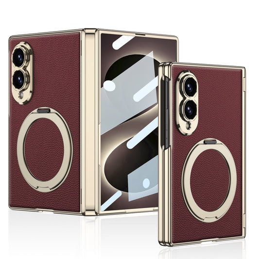 Luxurious Leather Golden Plating Phone Case with Built-In Tempered Glass & Magnetic Bracket For  Galaxy Z Fold 8/7 Wide Ultra
