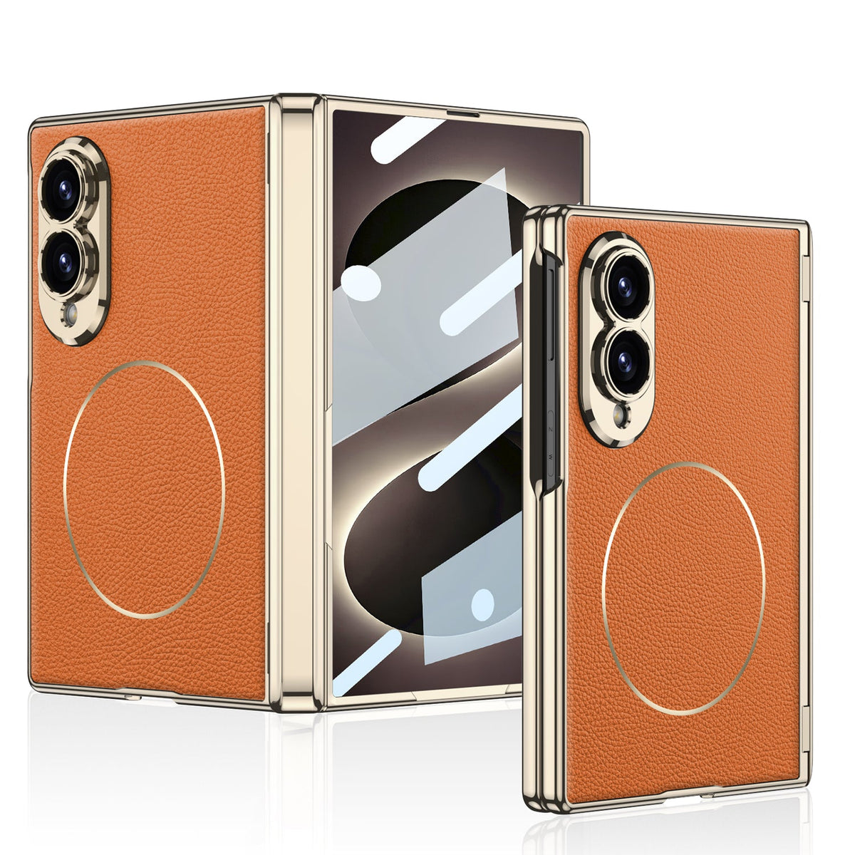 Leather Case For Galaxy Z Fold8 Wide Ultra ¨C Gold-Finish Frame, Built-In Tempered Glass Film & Magnetic Coil