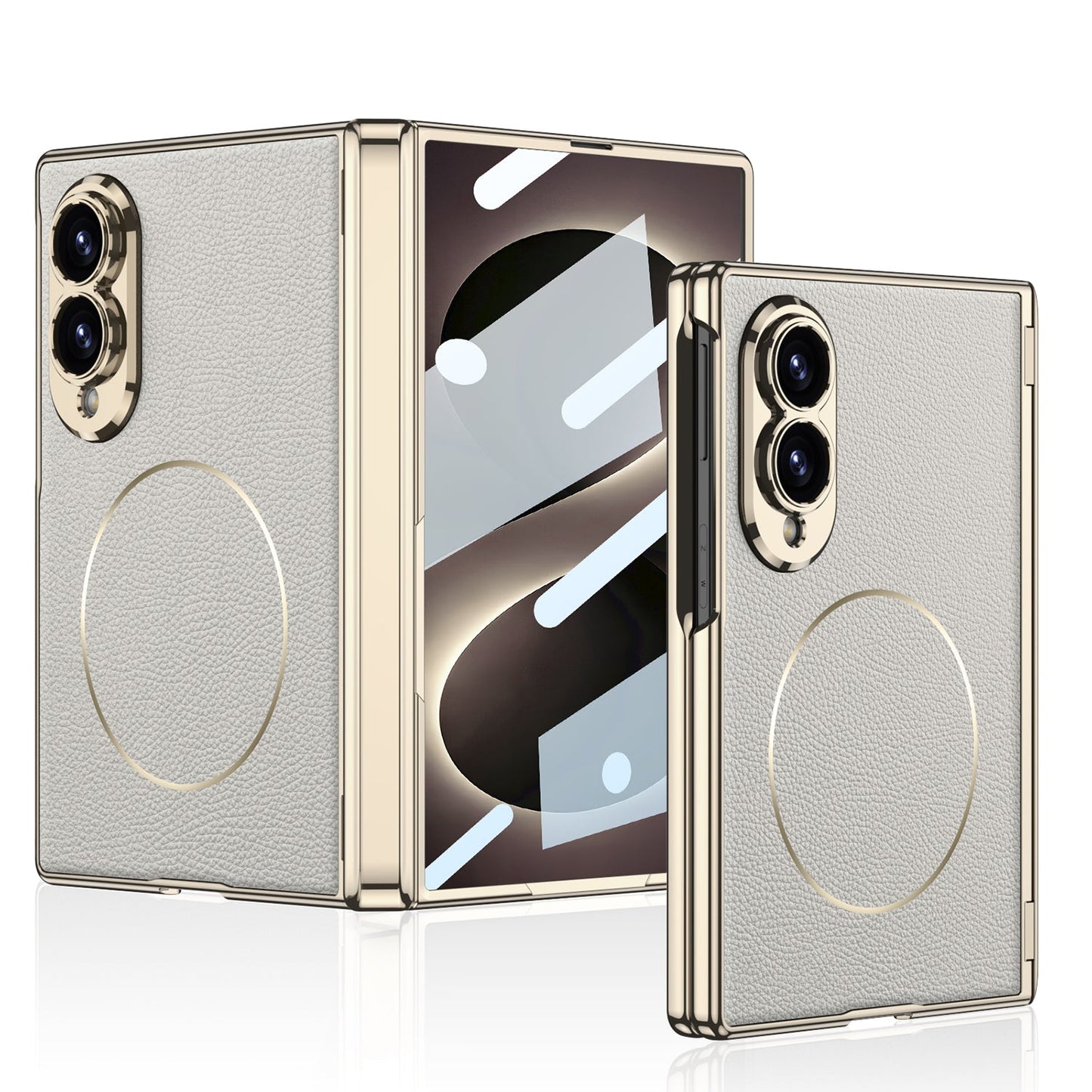 Leather Case For Galaxy Z Fold8 Wide Ultra ¨C Gold-Finish Frame, Built-In Tempered Glass Film & Magnetic Coil