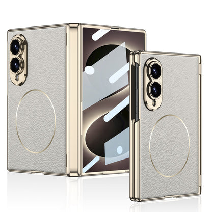 Leather Case For Galaxy Z Fold8 Wide Ultra ¨C Gold-Finish Frame, Built-In Tempered Glass Film & Magnetic Coil