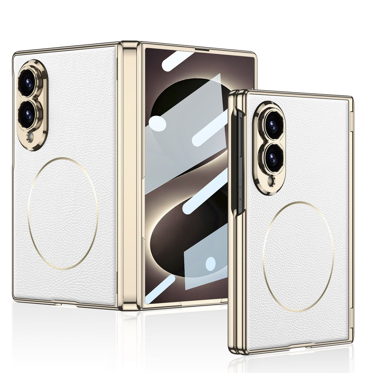 Leather Case For Galaxy Z Fold8 Wide Ultra ¨C Gold-Finish Frame, Built-In Tempered Glass Film & Magnetic Coil