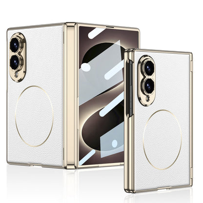 Leather Case For Galaxy Z Fold8 Wide Ultra ¨C Gold-Finish Frame, Built-In Tempered Glass Film & Magnetic Coil