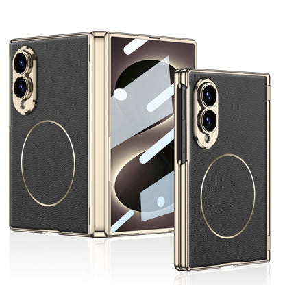 Leather Case For Galaxy Z Fold8 Wide Ultra ¨C Gold-Finish Frame, Built-In Tempered Glass Film & Magnetic Coil