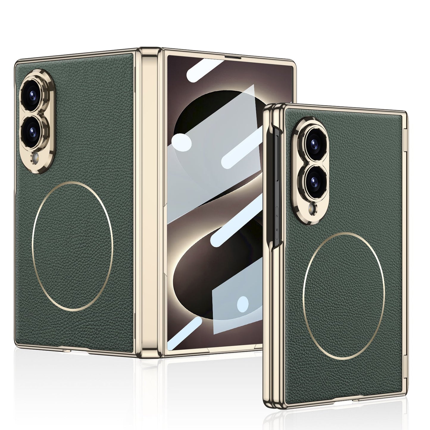 Leather Case For Galaxy Z Fold8 Wide Ultra ¨C Gold-Finish Frame, Built-In Tempered Glass Film & Magnetic Coil