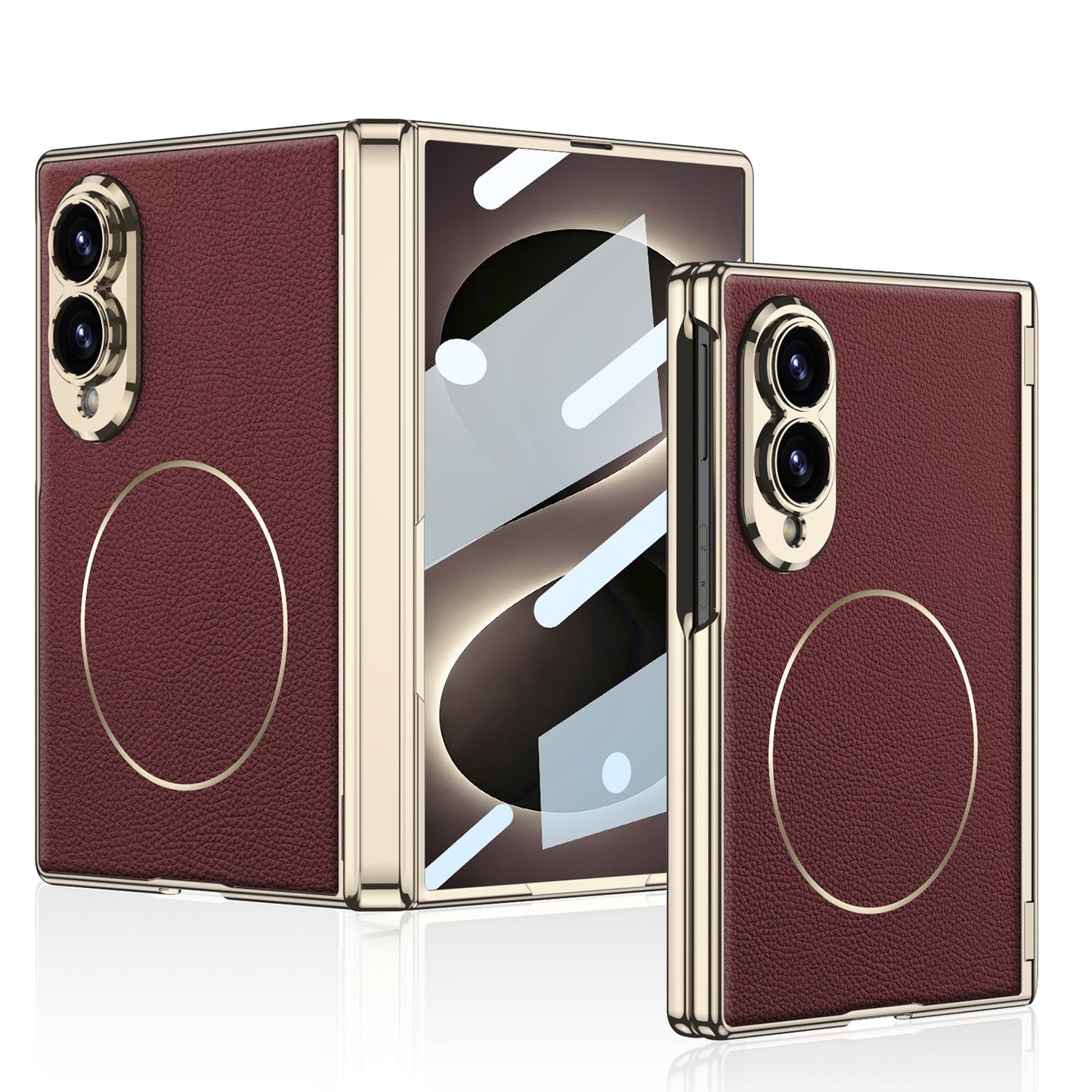 Leather Case For Galaxy Z Fold8 Wide Ultra ¨C Gold-Finish Frame, Built-In Tempered Glass Film & Magnetic Coil