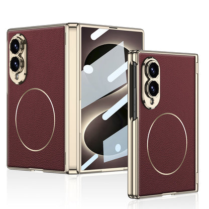 Leather Case For Galaxy Z Fold8 Wide Ultra ¨C Gold-Finish Frame, Built-In Tempered Glass Film & Magnetic Coil
