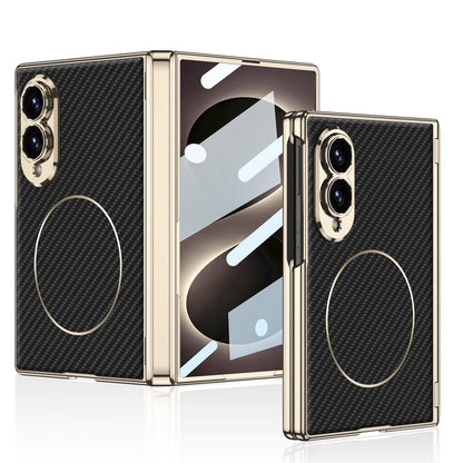 Leather Case For Galaxy Z Fold8 Wide Ultra ¨C Gold-Finish Frame, Built-In Tempered Glass Film & Magnetic Coil