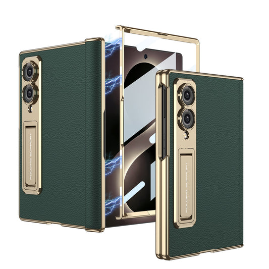 Leather Case For Galaxy Z Fold8/7/6 Wide Ultra ¨C Gold-Finish Frame, Built-In Tempered Glass Film & Hidden Kickstand