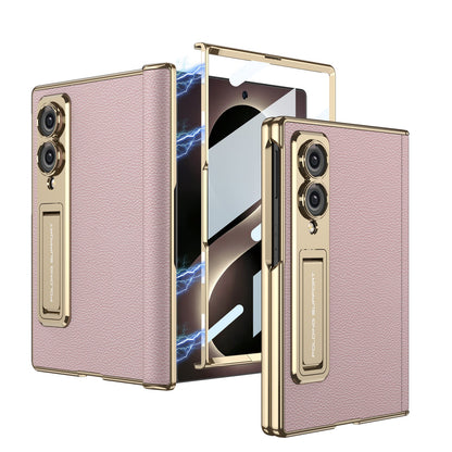 Leather Case For Galaxy Z Fold8/7/6 Wide Ultra ¨C Gold-Finish Frame, Built-In Tempered Glass Film & Hidden Kickstand