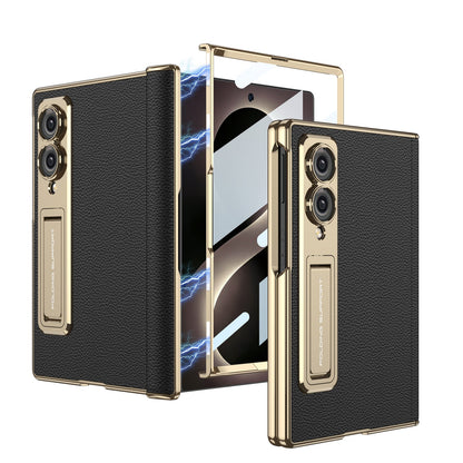 Leather Case For Galaxy Z Fold8/7/6 Wide Ultra ¨C Gold-Finish Frame, Built-In Tempered Glass Film & Hidden Kickstand