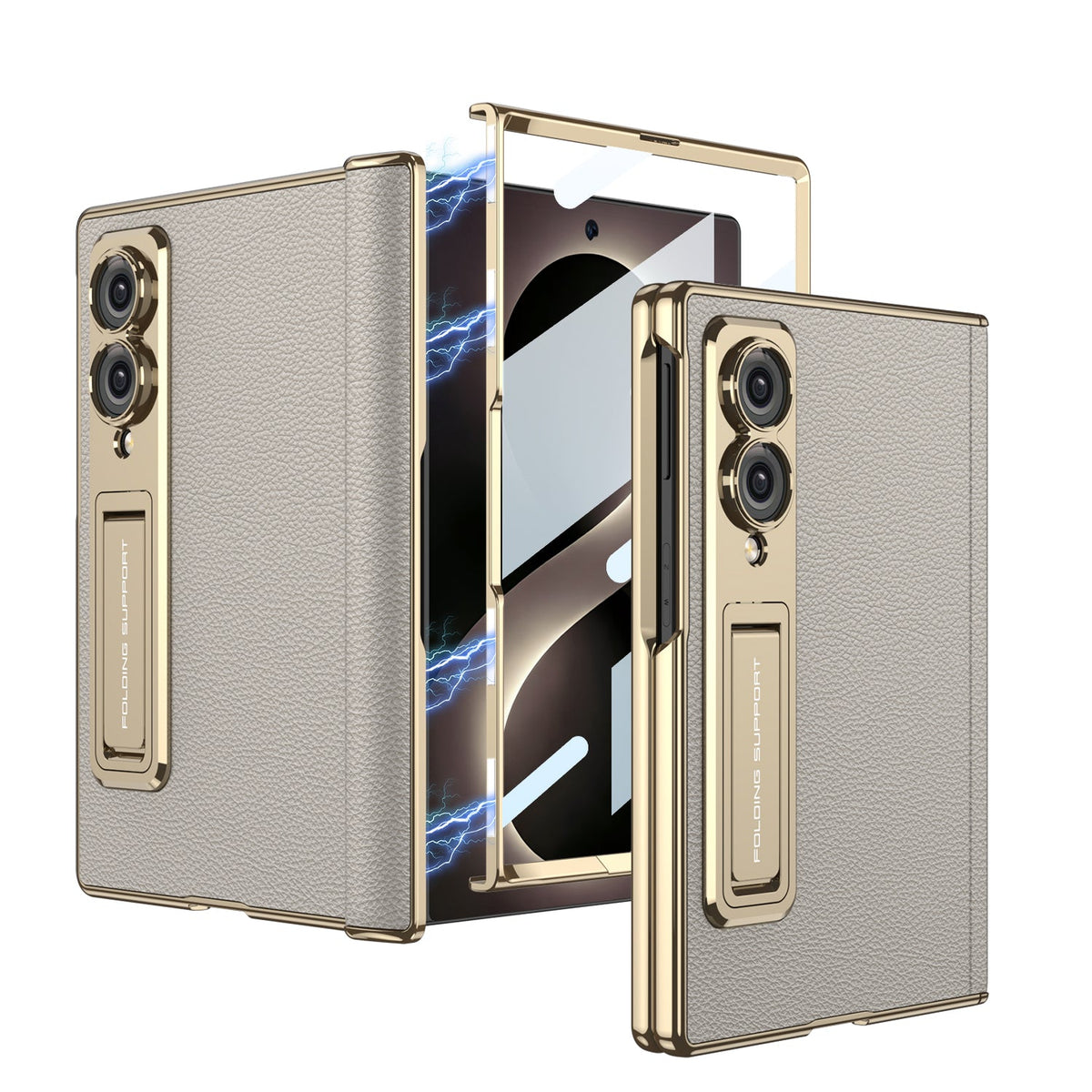 Leather Case For Galaxy Z Fold8/7/6 Wide Ultra ¨C Gold-Finish Frame, Built-In Tempered Glass Film & Hidden Kickstand