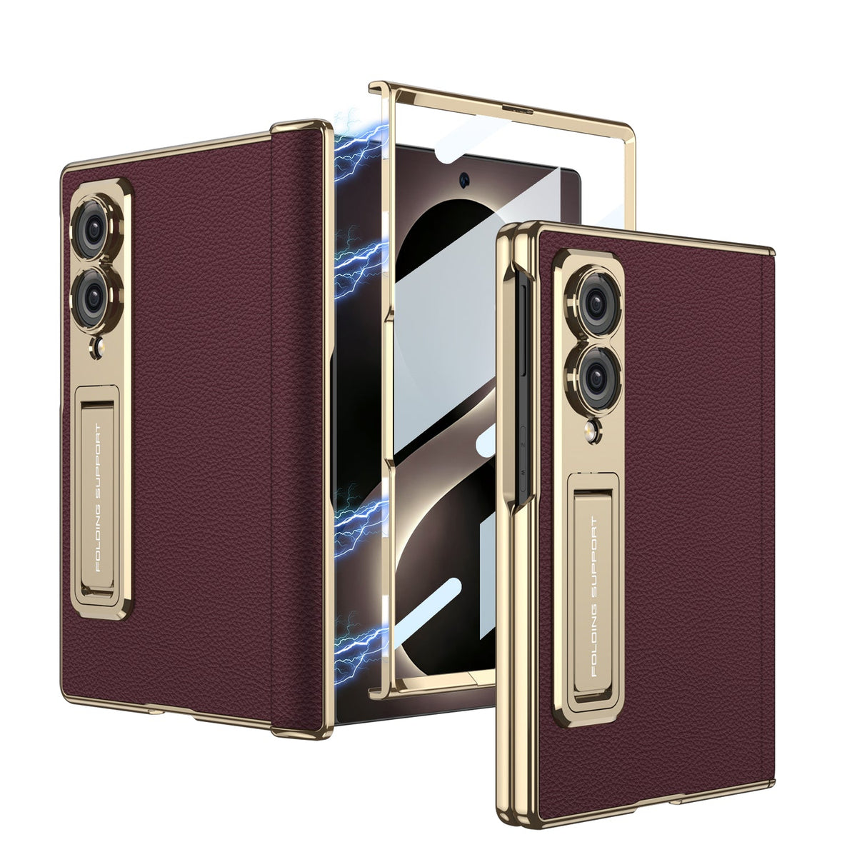 Leather Case For Galaxy Z Fold8/7/6 Wide Ultra ¨C Gold-Finish Frame, Built-In Tempered Glass Film & Hidden Kickstand