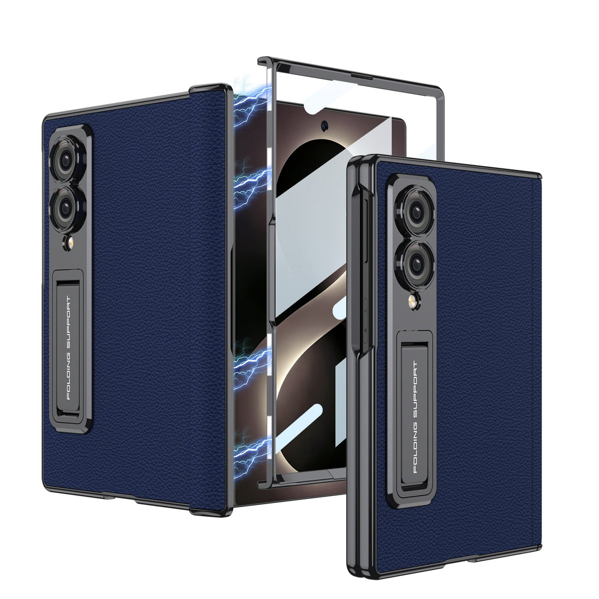 Leather Case For Galaxy Z Fold8/7/6 Wide Ultra ¨C Gold-Finish Frame, Built-In Tempered Glass Film & Hidden Kickstand
