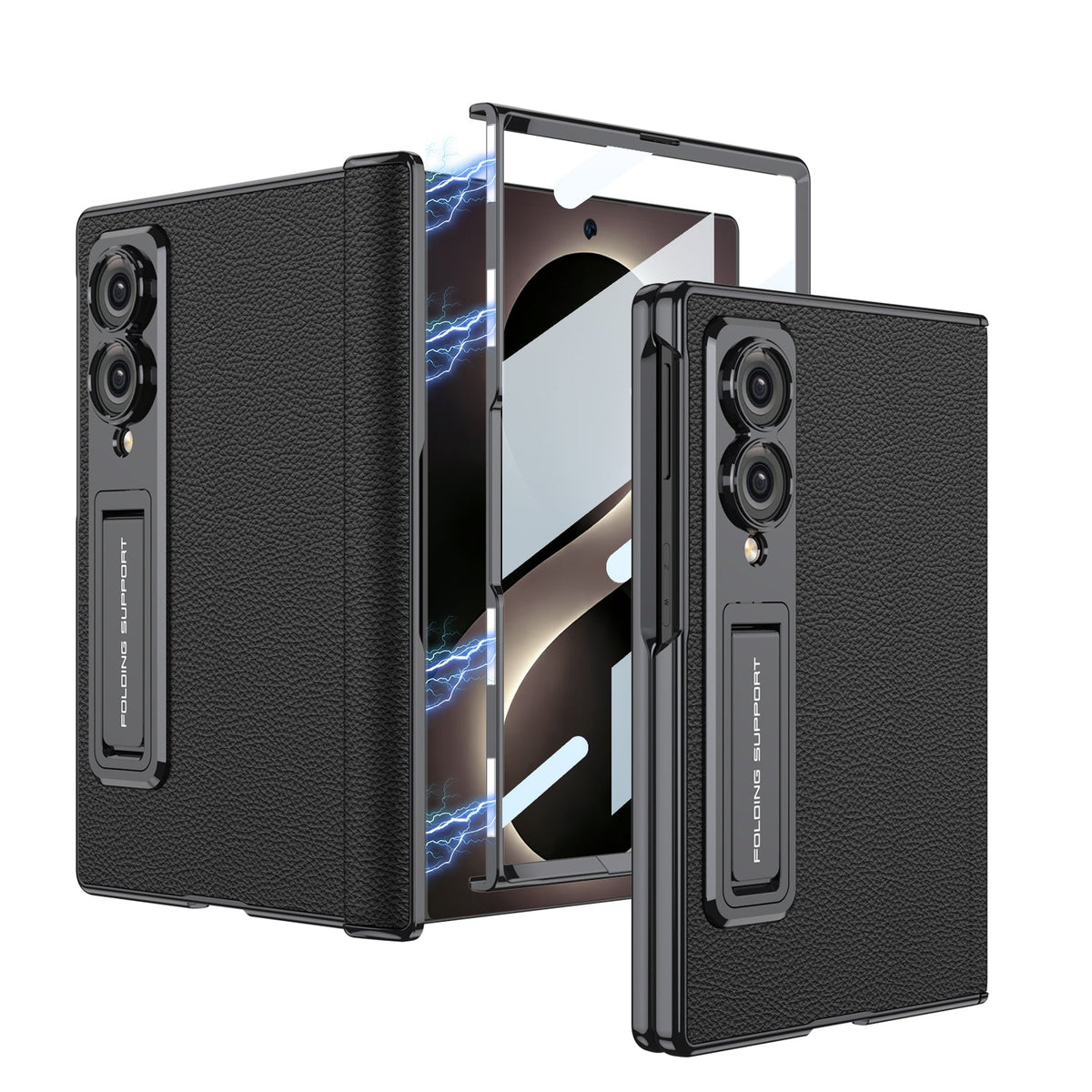Leather Case For Galaxy Z Fold8/7/6 Wide Ultra ¨C Gold-Finish Frame, Built-In Tempered Glass Film & Hidden Kickstand