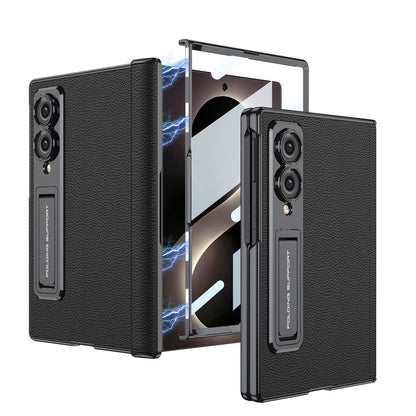 Leather Case For Galaxy Z Fold8/7/6 Wide Ultra ¨C Gold-Finish Frame, Built-In Tempered Glass Film & Hidden Kickstand