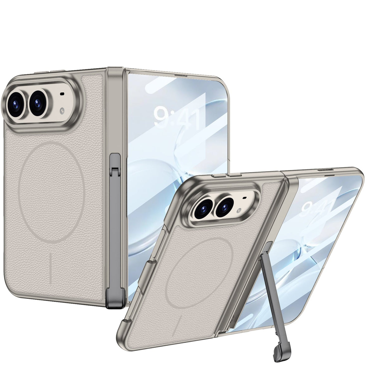 iPhone Duo - Magnetic Hinge Protection Leather Cover Built-in Tempered Glass Film & Tri‑Fold Kickstand & Magnetic Ring