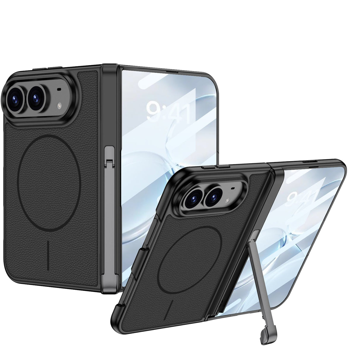 iPhone Duo - Magnetic Hinge Protection Leather Cover Built-in Tempered Glass Film & Tri‑Fold Kickstand & Magnetic Ring