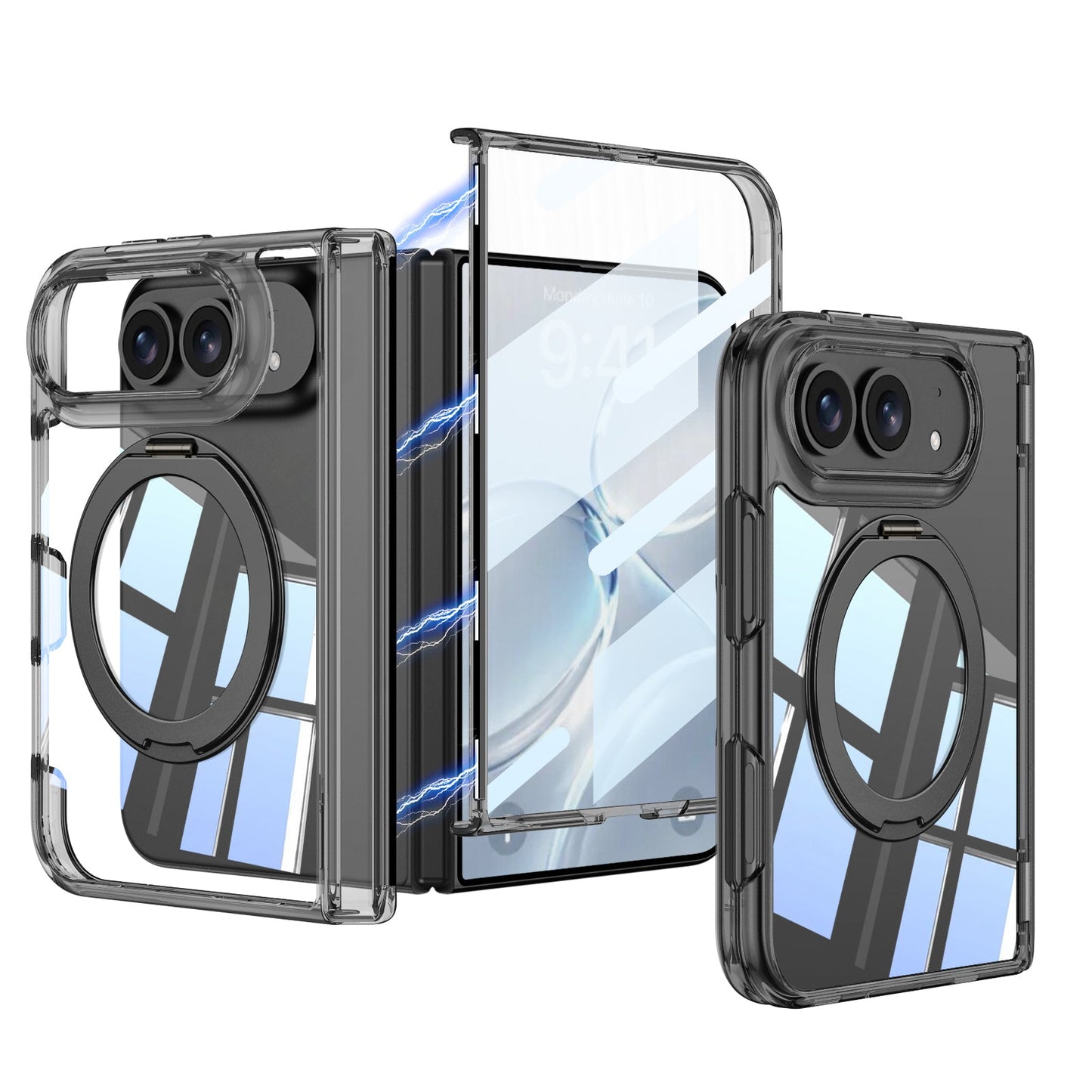 iPhone Ultra - Magnetic Hinge Protection Clear Cover Built-in Tempered Glass Film & 360° Rotatable Magnetic Ring Kickstand