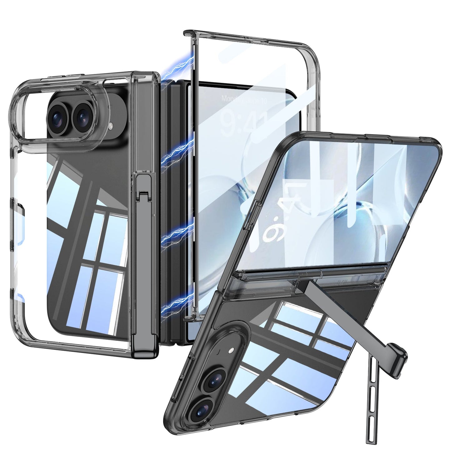 iPhone Ultra - Magnetic Hinge Protection Clear Cover Built-in Tempered Glass Film & Tri‑Fold Kickstand