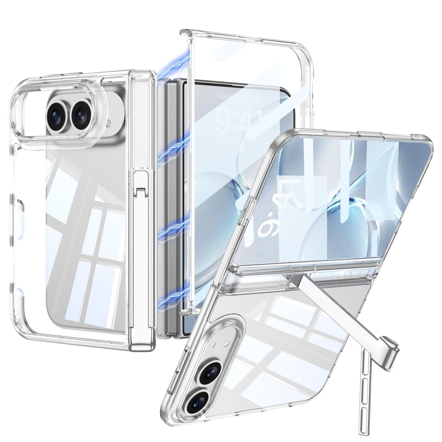 iPhone Ultra - Magnetic Hinge Protection Clear Cover Built-in Tempered Glass Film & Tri‑Fold Kickstand