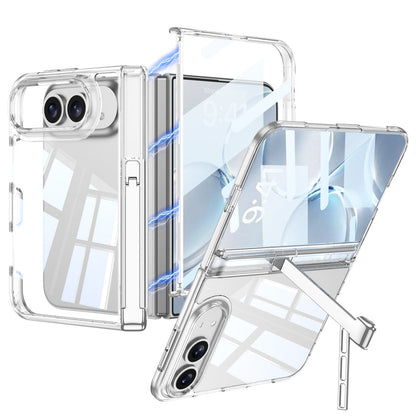 iPhone Ultra - Magnetic Hinge Protection Clear Cover Built-in Tempered Glass Film & Tri‑Fold Kickstand