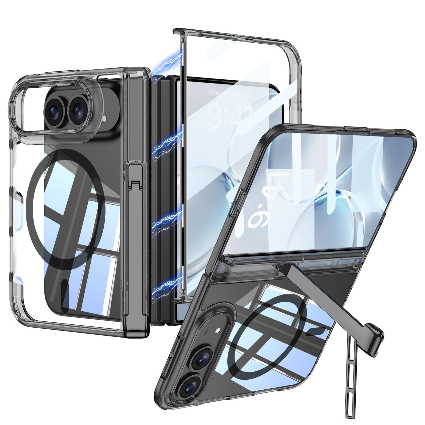 iPhone Ultra - Magnetic Hinge Protection Clear Cover Built-in Tempered Glass Film & Tri‑Fold Kickstand & Magnetic Ring