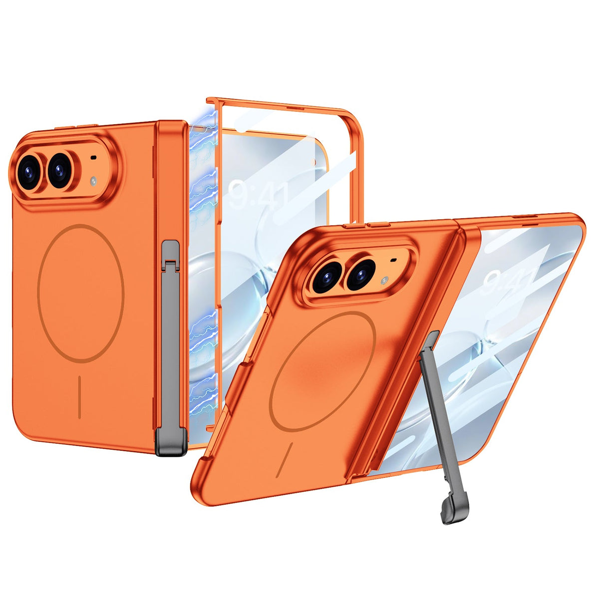 iPhone Ultra - Magnetic Hinge Protection Fashion Cover Built-in Tempered Glass Film & Tri‑Fold Kickstand & Magnetic Ring