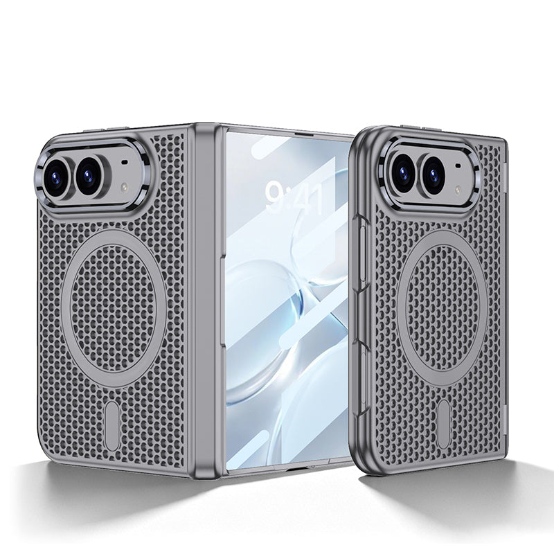 iPhone Ultra - Magnetic Hinge Protection Honeycomb‑Mesh Cooling Cover Built-in Tempered Glass Film & Magnetic Ring