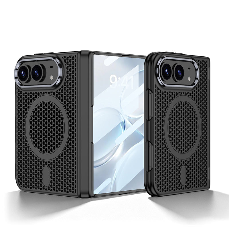 iPhone Ultra - Magnetic Hinge Protection Honeycomb‑Mesh Cooling Cover Built-in Tempered Glass Film & Magnetic Ring