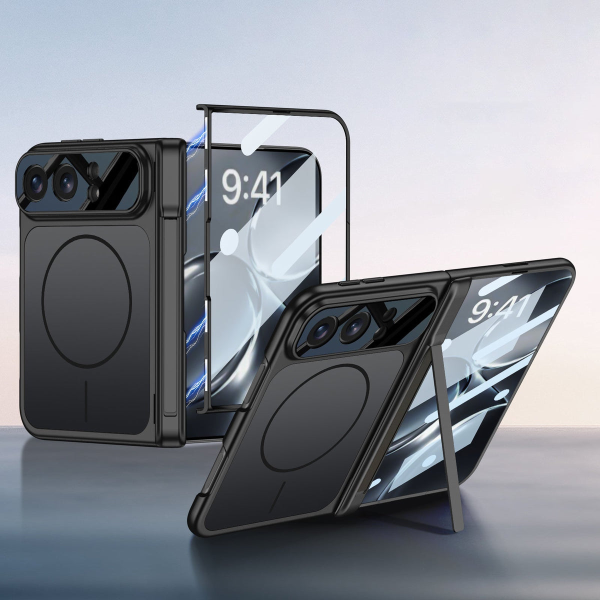 iPhone Duo | Magnetic Hinge Protection Phone Case Built-in Tempered Glass Film & Hinge Kickstand & Magnetic Ring