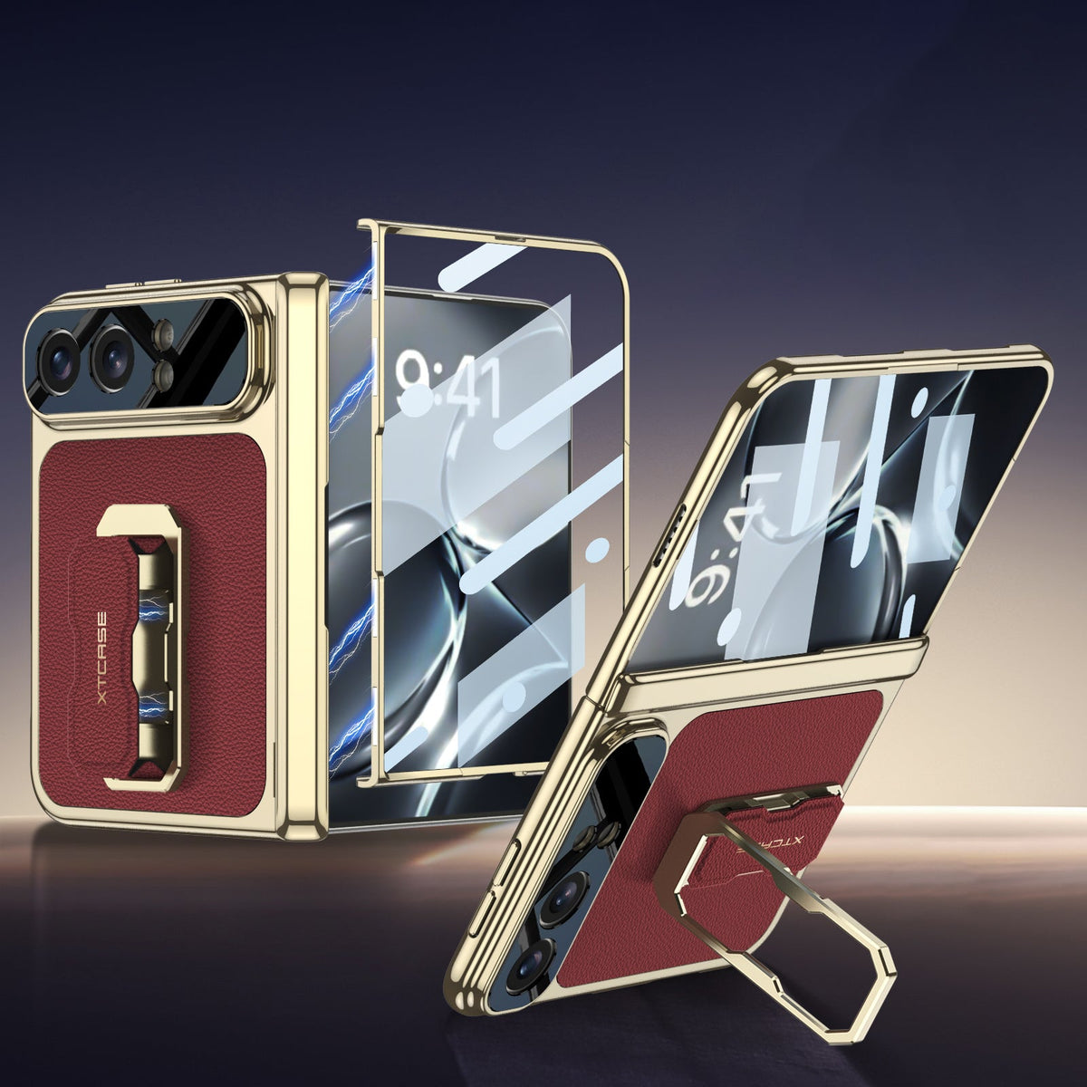 iPhone Duo | Golden Plating Magnetic Hinge Protection Phone Case Built-in Tempered Glass Film & Magnetic Finger‑Ring Grip