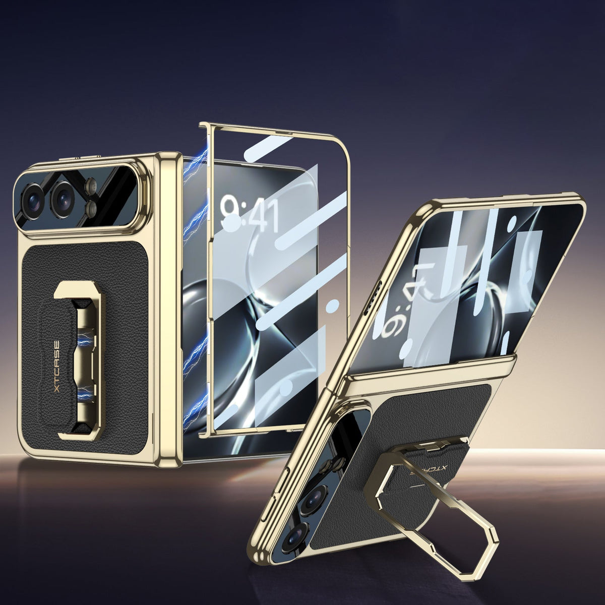 iPhone Duo | Golden Plating Magnetic Hinge Protection Phone Case Built-in Tempered Glass Film & Magnetic Finger‑Ring Grip