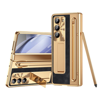 Leather Golden Electroplated Phone Case With Back Screen Glass and Stylus For Galaxy Z Fold 8/7/6/5/4
