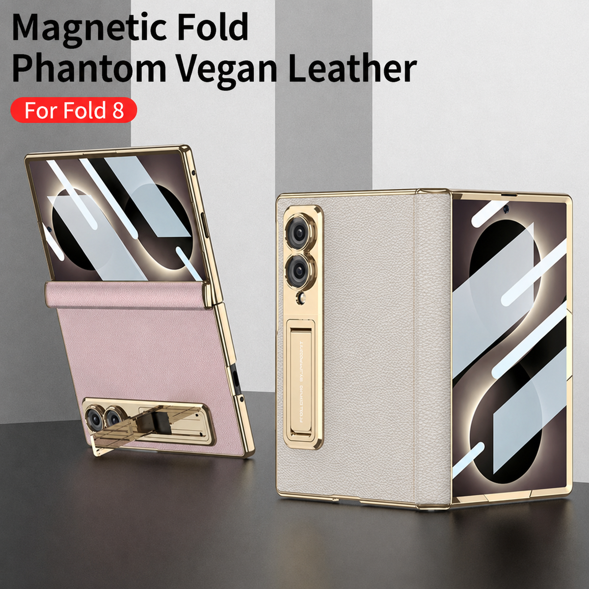Leather Case For Galaxy Z Fold8/7/6 Wide Ultra ¨C Gold-Finish Frame, Built-In Tempered Glass Film & Hidden Kickstand