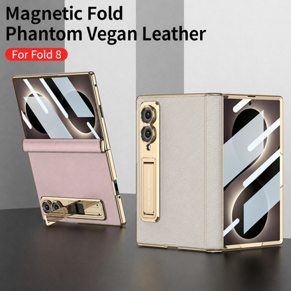 Leather Case For Galaxy Z Fold8/7/6 Wide Ultra ¨C Gold-Finish Frame, Built-In Tempered Glass Film & Hidden Kickstand