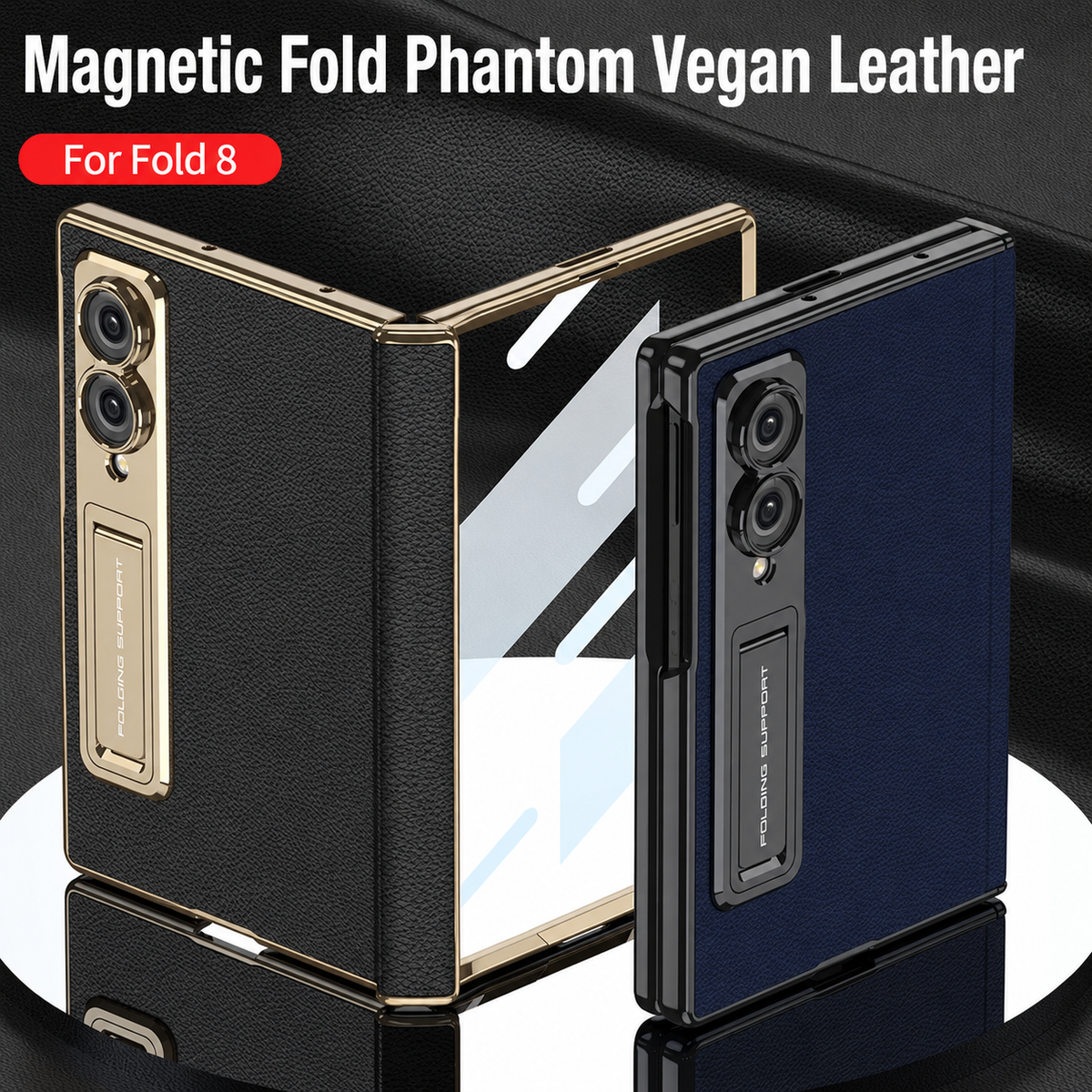 Leather Case For Galaxy Z Fold8/7/6 Wide Ultra ¨C Gold-Finish Frame, Built-In Tempered Glass Film & Hidden Kickstand
