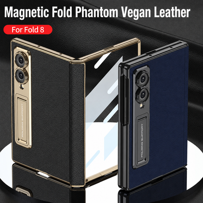 Leather Case For Galaxy Z Fold8/7/6 Wide Ultra ¨C Gold-Finish Frame, Built-In Tempered Glass Film & Hidden Kickstand