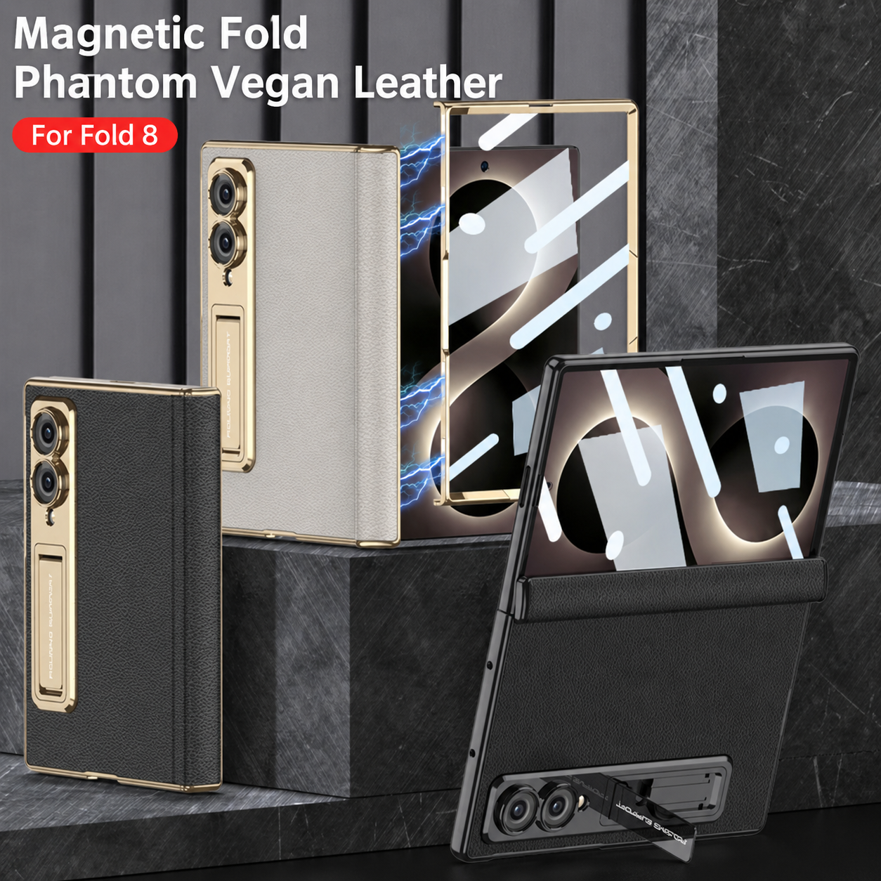 Leather Case For Galaxy Z Fold8/7/6 Wide Ultra ¨C Gold-Finish Frame, Built-In Tempered Glass Film & Hidden Kickstand