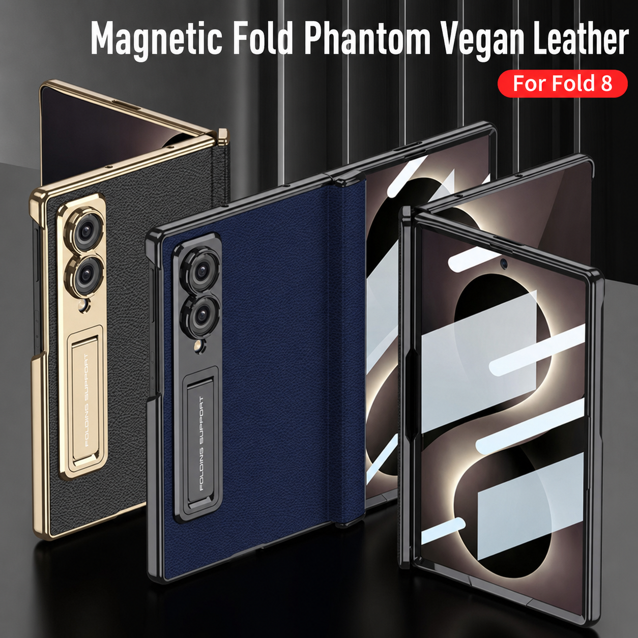 Leather Case For Galaxy Z Fold8/7/6 Wide Ultra ¨C Gold-Finish Frame, Built-In Tempered Glass Film & Hidden Kickstand