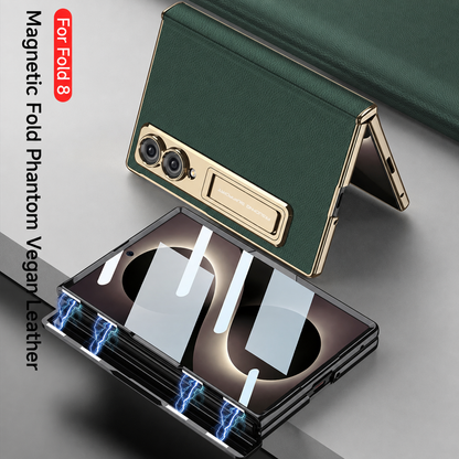 Leather Case For Galaxy Z Fold8/7/6 Wide Ultra ¨C Gold-Finish Frame, Built-In Tempered Glass Film & Hidden Kickstand