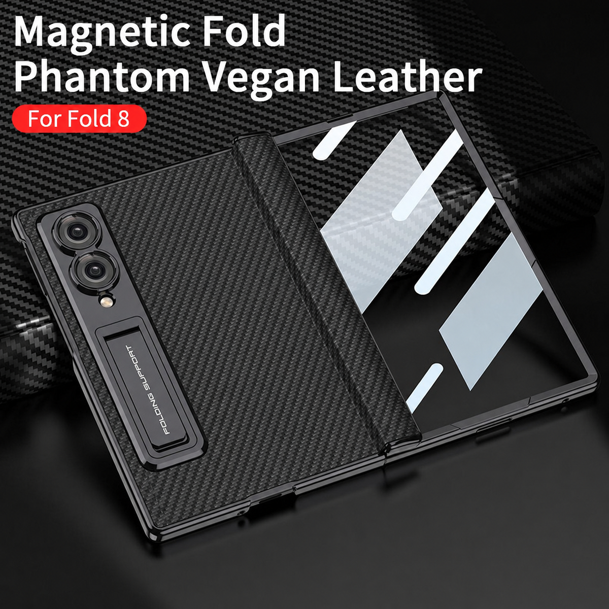 Leather Case For Galaxy Z Fold8/7/6 Wide Ultra ¨C Gold-Finish Frame, Built-In Tempered Glass Film & Hidden Kickstand