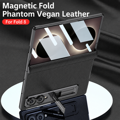 Leather Case For Galaxy Z Fold8/7/6 Wide Ultra ¨C Gold-Finish Frame, Built-In Tempered Glass Film & Hidden Kickstand