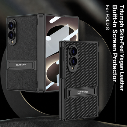 Leather Phone Case For Galaxy Z Fold8/7 Wide Ultra ¨C Built-In Tempered Glass Film & Hidden Kickstand