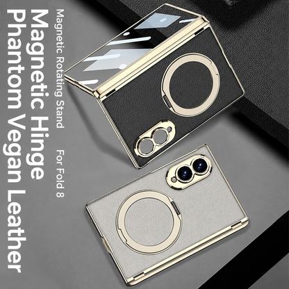 Luxurious Leather Golden Plating Phone Case with Built-In Tempered Glass & Magnetic Bracket For  Galaxy Z Fold 8/7 Wide Ultra