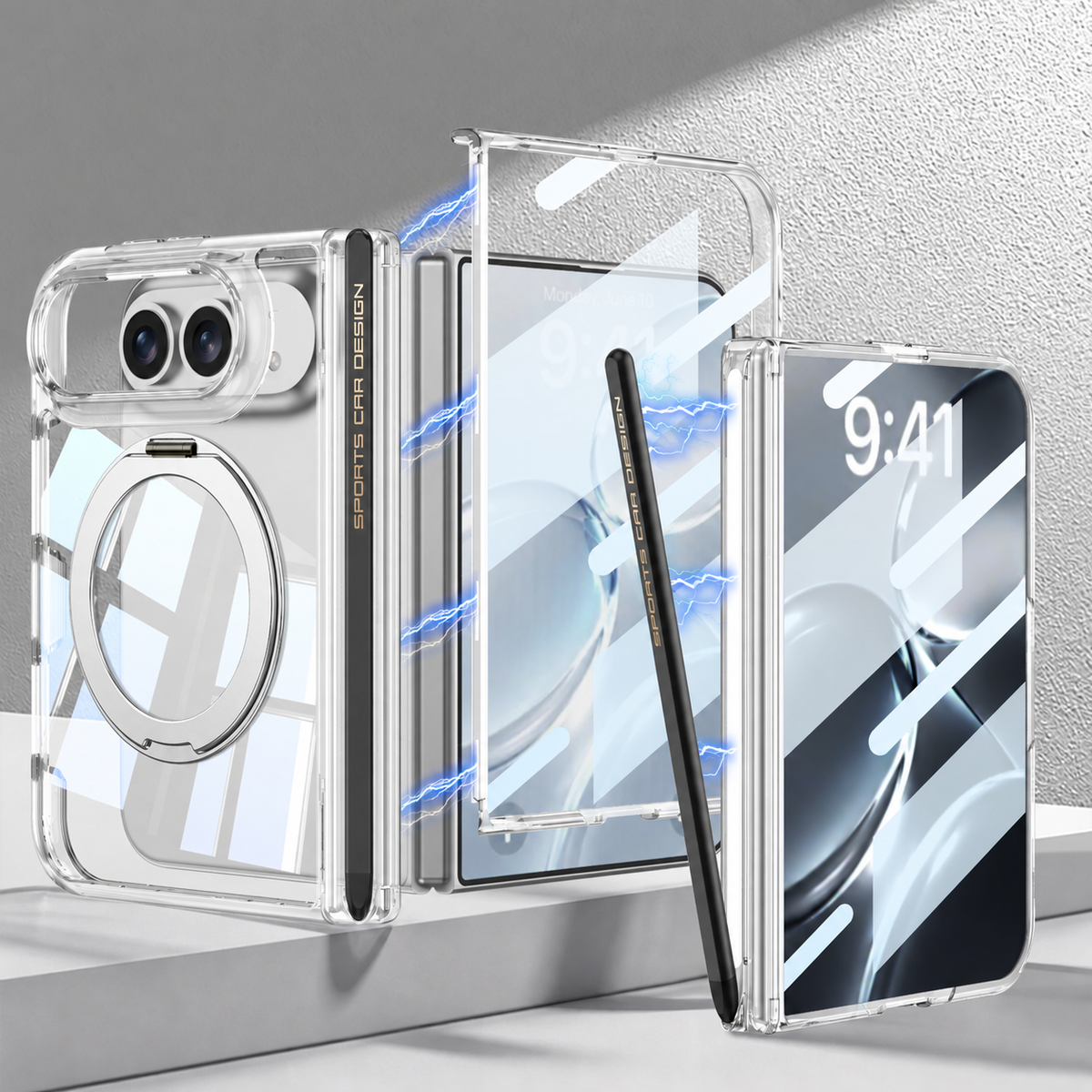 iPhone Duo - Magnetic Hinge Protection Clear Cover Built-in Tempered Glass Film & Magnetic Stylus