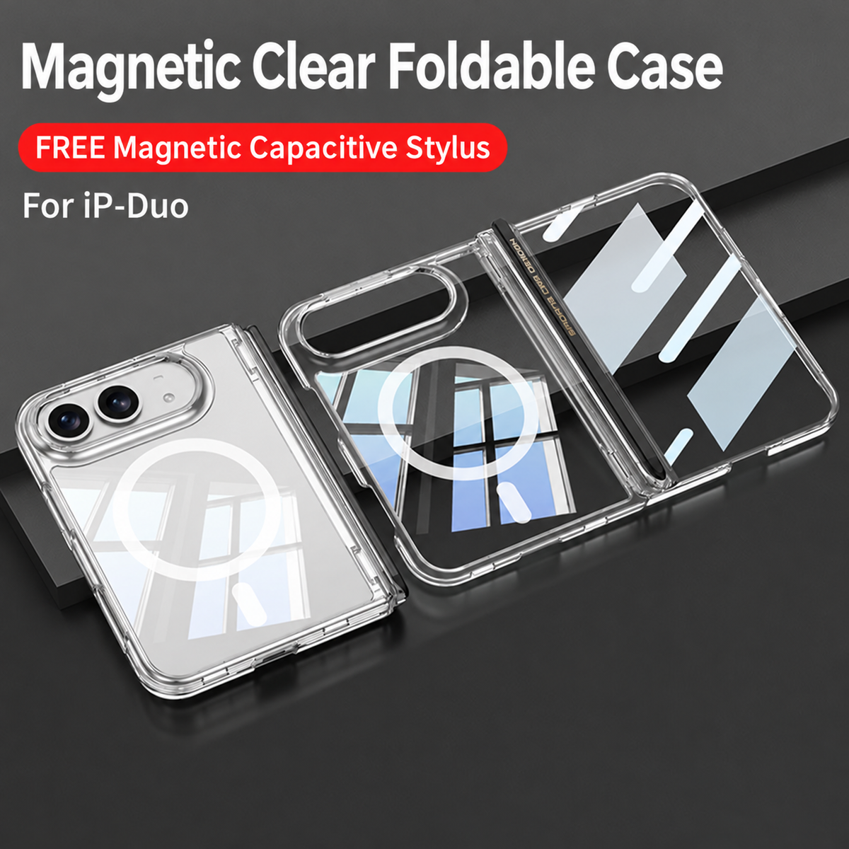 iPhone Duo - Magnetic Hinge Protection Clear Cover Built-in Tempered Glass Film & Magnetic Stylus