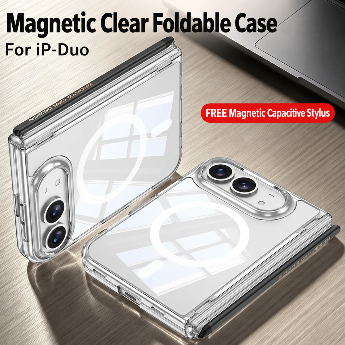 iPhone Duo - Magnetic Hinge Protection Clear Cover Built-in Tempered Glass Film & Magnetic Stylus