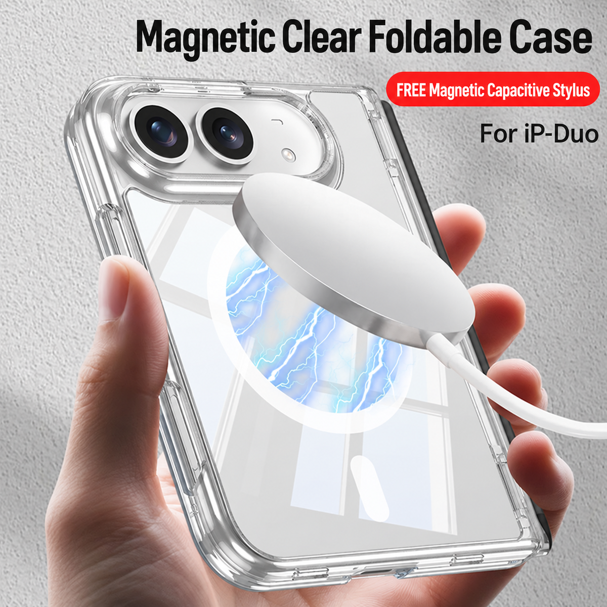 iPhone Duo - Magnetic Hinge Protection Clear Cover Built-in Tempered Glass Film & Magnetic Stylus